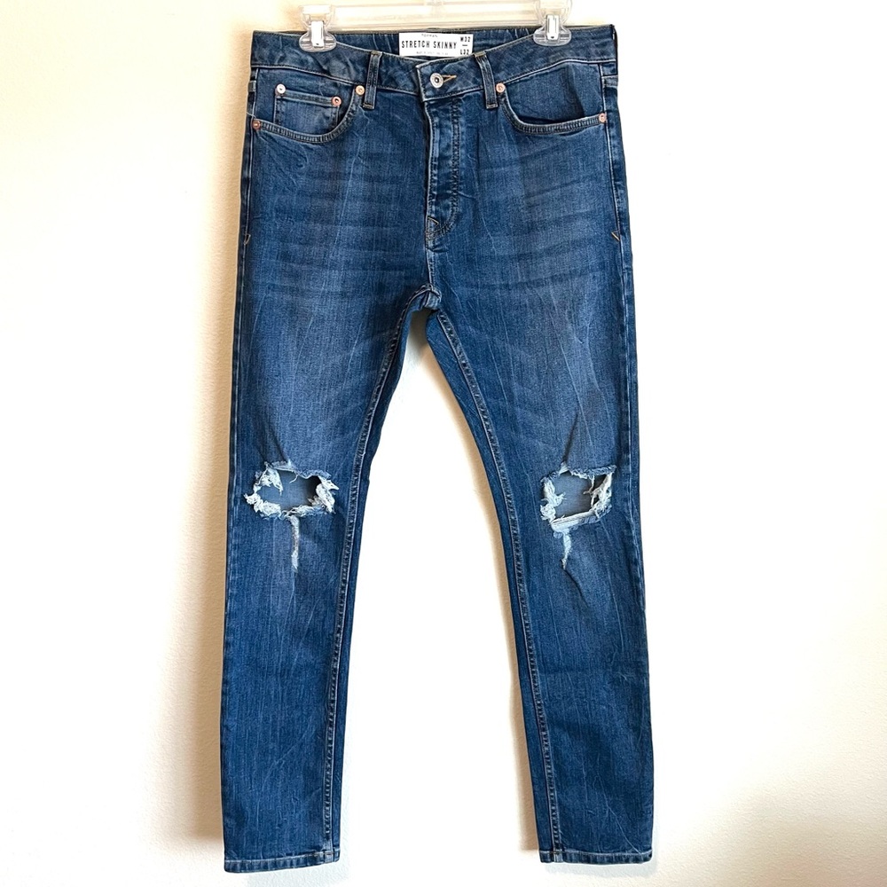 Topman Stretch Skinny Distressed Jeans Ripped Medium Wash 32x32 Topshop NWOT